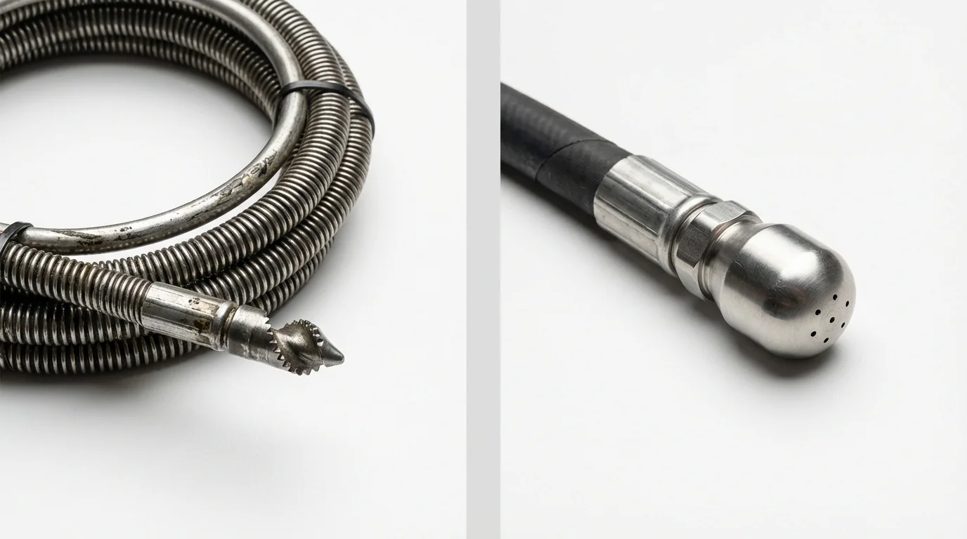 Drain snake cable and hydro jetting nozzle used for drain cleaning in Grand Island, NY