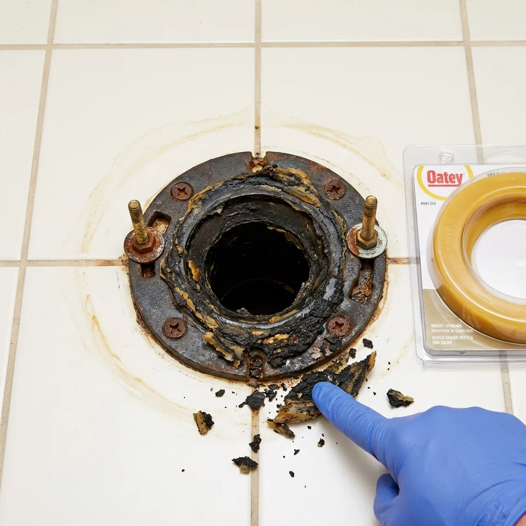 Failed wax ring showing water seepage at the base of a toilet in a Grand Island, NY home