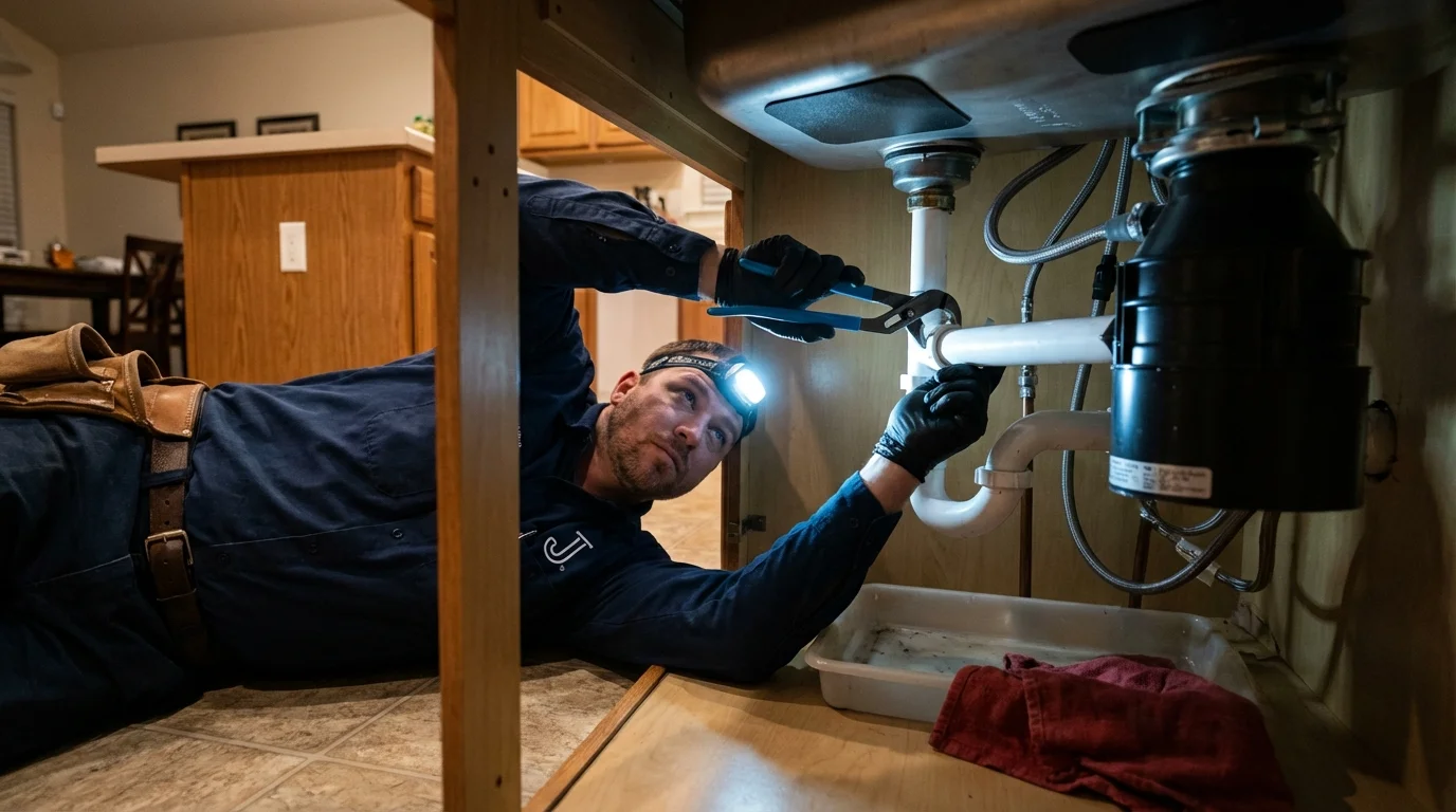 P-trap and supply line connections under a kitchen sink showing a common leak point in Grand Island, NY